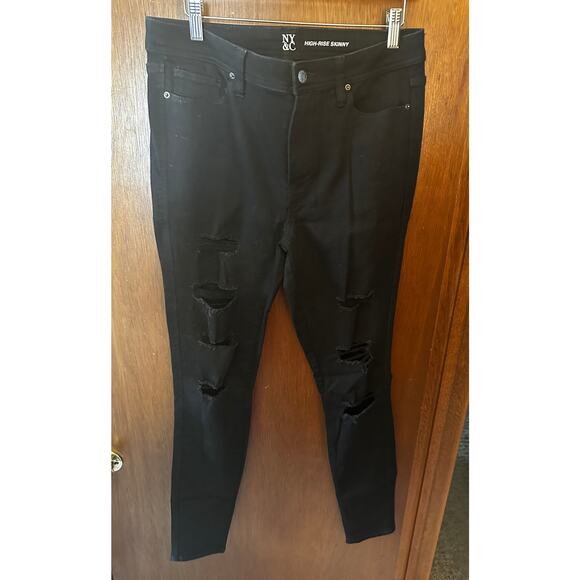 NWOT NY&C HIGH RISE SKINNY BLACK DENIM DISTRESSED; SIZE 10TALL - Picture 1 of 2